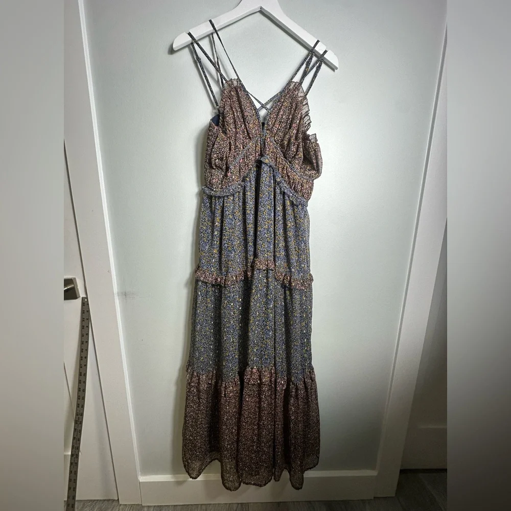 Lucky Brand Ruffle Floral Maxi Sundress Blue Brown w Gold  Size Large - Picture 9 of 16